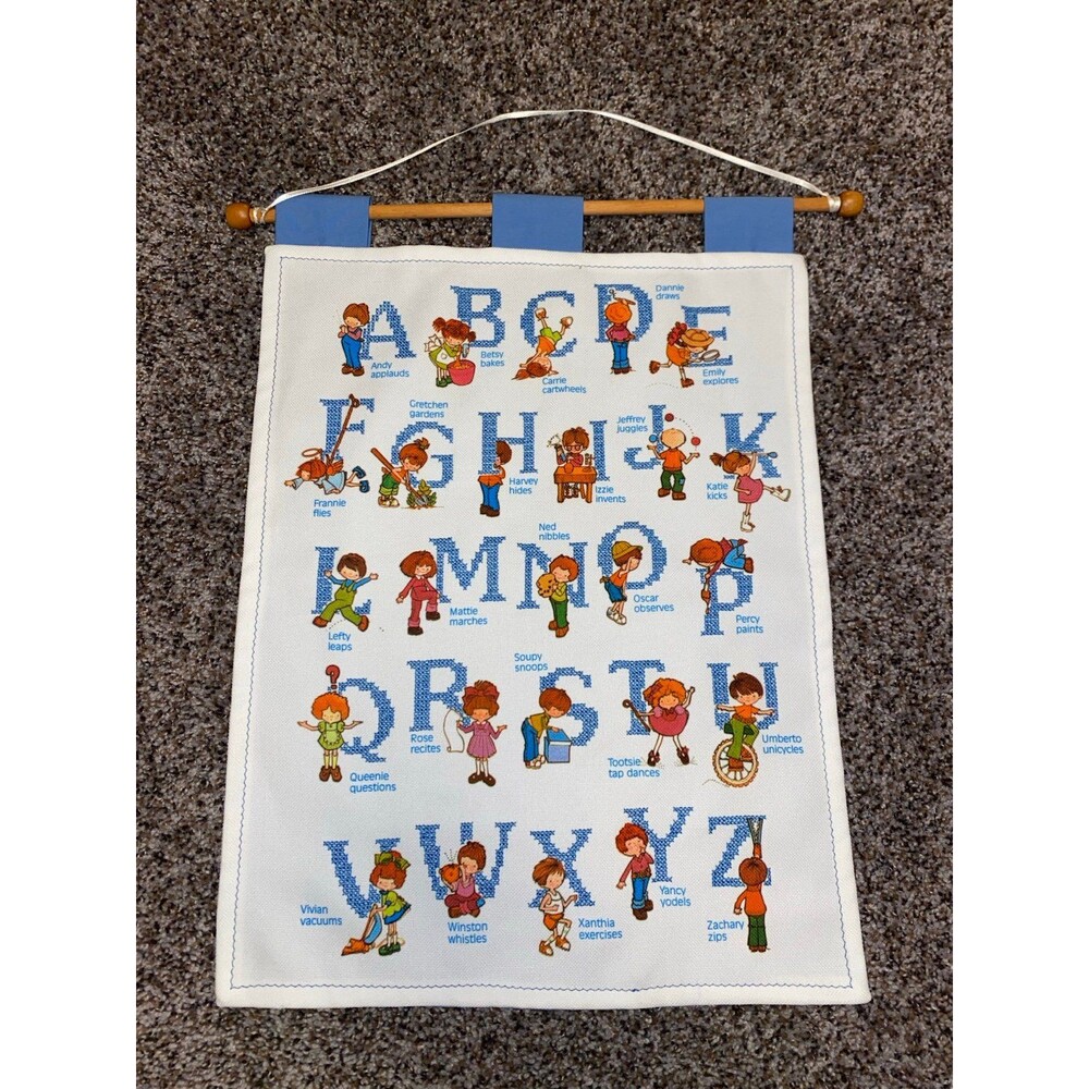Alphabet Cross Stitch Needlepoint Hanging Decor Baby Nursery Playroom Vintage